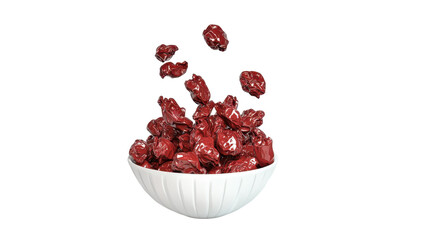 Bowl of Dried Red Dates Floating Above White Bowl with Transparent Background for Culinary Use