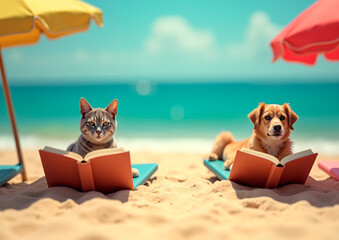 Cat and dog  on the beach