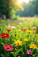 Fototapeta premium Vibrant wildflowers in lush meadow, sunlit scene, meadow, texture