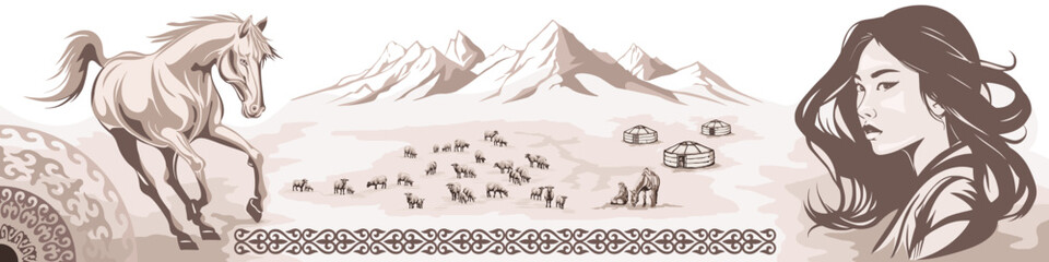 Ethnic illustration, traditions Central Asia, portrait of a young woman, yurt and a galloping horse, shepherd and flock of sheep, vector design