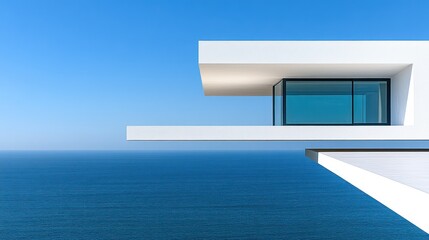 White modern building overlooking blue ocean view