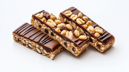 Three delicious chocolate-covered granola bars with peanuts and chocolate chips are perfectly stacked on a pristine white background ready for a healthy snack.