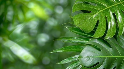 Obraz premium Tropical Leaves Arrangement with Green Bokeh Background
