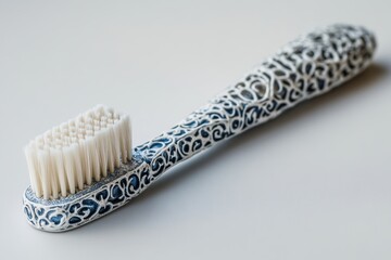 Decorative toothbrush with intricate blue and white design for daily dental care