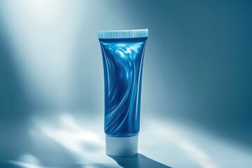Blue tube of cream against a softly lit background in a minimalistic setting