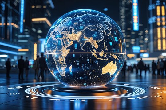 Innovative Holographic Sphere Displaying Global Financial and Technological Progress