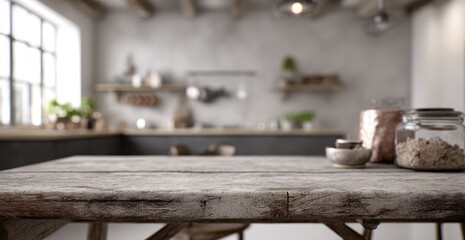 Rustic kitchen table, blurry background