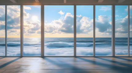 Fototapeta premium Oceanfront Living Room: Stunning Sea View from a Modern Home