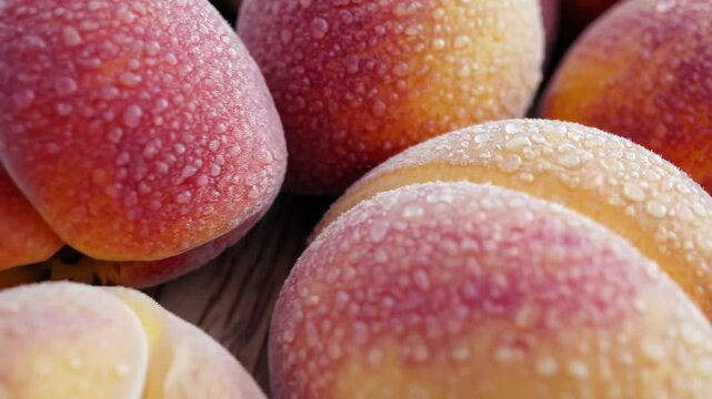 Ripe peaches covered in glistening water droplets, creating a visually appealing display of freshness