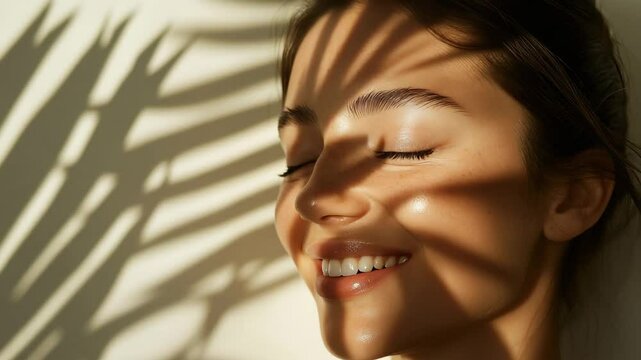 Portrait of a peaceful woman with closed eyes and natural lighting casting unique patterns created by shadows, evoking calmness, beauty, and harmony. 