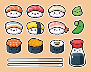 Cute Sushi and Japanese Food Sticker Vector Set Kawaii Sushi Characters Clipart
