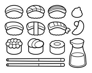 Cute Sushi and Japanese Food Outline Vector Set Kawaii Sushi Characters Clipart 