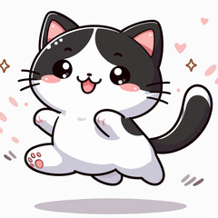 Obraz premium Charming cartoon black and white kitty leaping in a joyful pose, featuring large eyes and a wide smile.