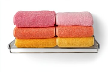 Colorful towels neatly arranged on a rack in a modern bathroom