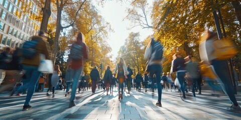 Obraz premium Motion blur of a large diverse crowd walking at academy on sunny day. Urban lifestyle and public space concept. The long exposure photography of teenagers or academic student going to school. AIG55.