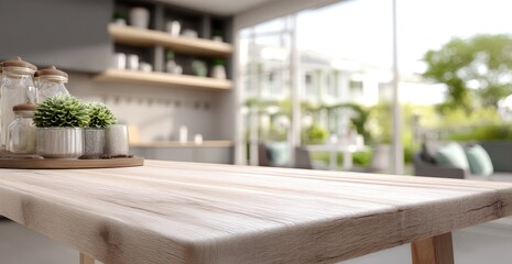 Wooden table, modern kitchen