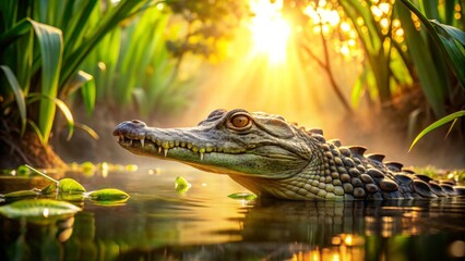 Fototapeta premium Golden Hour Crocodilian A Majestic Reptile Basking in the Morning Sun's Rays