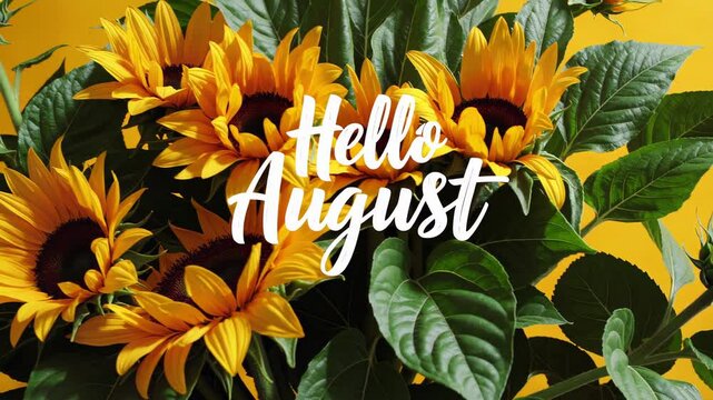 Vibrant sunflowers and leaves create a cheerful hello August greeting on a bright yellow backdrop