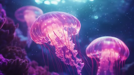Jellyfish in illuminated underwater scene