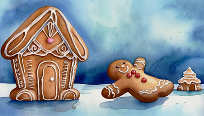 Gingerbread man and house on blue background. Festive Christmas background.