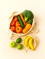 Reusable canvas bag filled with fresh fruits and vegetables.