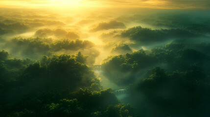 Naklejka premium Misty Sunrise over Lush Jungle and Waterfalls