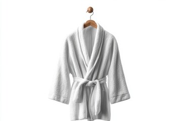 Elegant white bathrobe hanging neatly on a wooden hanger in a minimalist setting