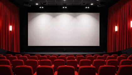 Empty cinema hall with red seats and blank screen  