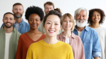 Diverse group of people with different gender, ethnicity and age. Smiling young asian woman standing in front multiethnic team.