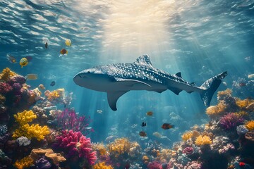 Fototapeta premium A whale shark swims over a vibrant coral reef with many fish in clear blue ocean water and sunlight