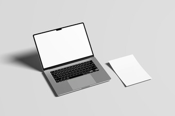 
Mockup of laptop computer. Front and side view with white and empty screen on transparent background, White blank sheets of a4 paper size or documents mockup on a gray background, 