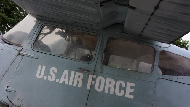 HO CHI MINH VIETNAM - 22nd SEPTEMBER 2024: Close static clip of an old Cessna US military plane at the War Remnants Museum in Ho Chi Minh City, Vietnam, highlighting its historical details. 
