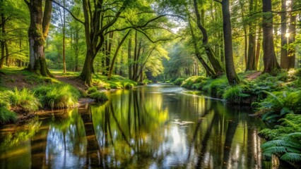 Fototapeta premium Serene River Reflecting Sunlit Forest Canopy, Tranquil Water Scene with Lush Green Vegetation and Majestic Trees