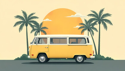 A cheerful yellow van parked near palm trees under a setting sun, idyllic summer scene.