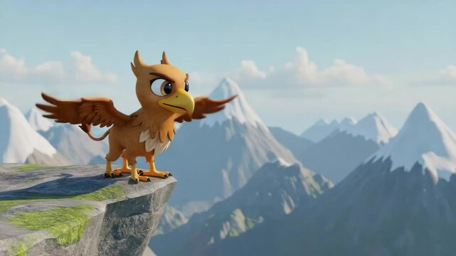 3D cartoon young griffin with taking flight over mountains