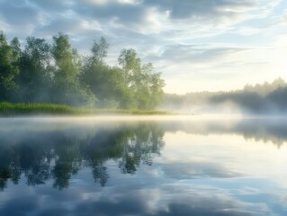Misty lake sunrise landscape