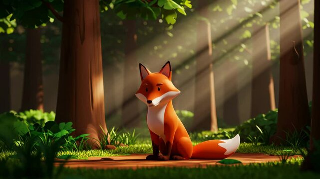 3D cartoon red fox with calm mood sitting in forest clearing with sunlight filtering through tall trees