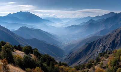 Naklejka premium Mountain valley, autumn foliage, misty landscape, serene view, nature's beauty, panoramic vista