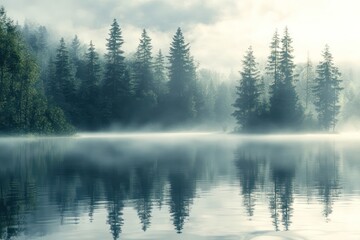 Fototapeta premium Misty lake and forest landscape painting
