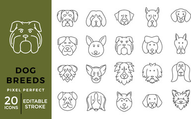 Dog Breeds Icon Set – 20 Flat Outline Vector Icons  Editable Stroke, Pet Puppy Faces Collection