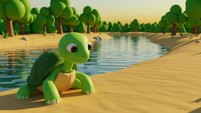 3D cartoon style turtle speaking and moving calmly on sandy riverbank with rippling water and trees background