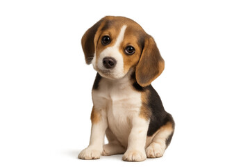 Cute Beagle Puppy Sitting with Curious Expression on White Background