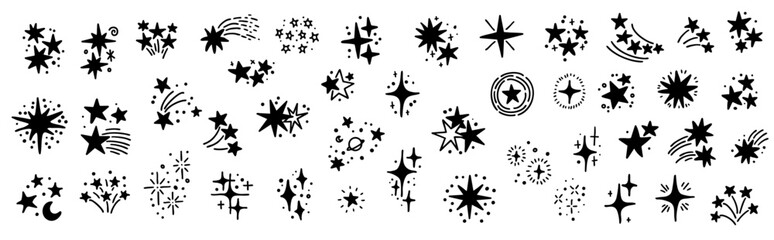 Set of hand drawn vector stars and sparkles, doodle style
