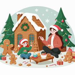 Joyful illustration of a mother and daughter enjoying a festive Christmas treat by a gingerbread house.