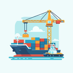 Vibrant graphic depicts a cargo ship docked and being loaded by a large crane, signifying global transportation and trade.