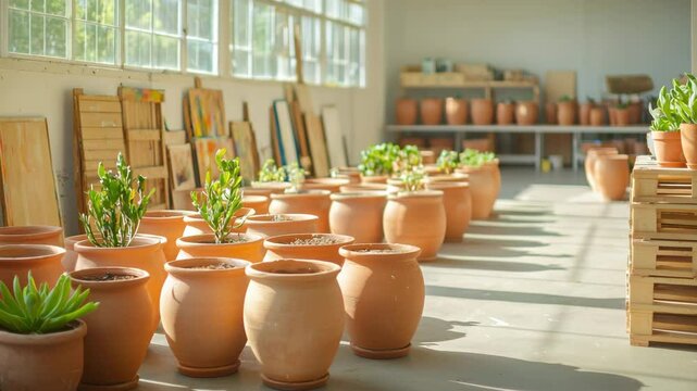 Greenery Garden:  A serene scene of neatly arranged plants in terracotta pots, creating an indoor sanctuary within a workshop filled with natural light.