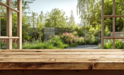 Fototapeta premium Wooden tabletop with garden view