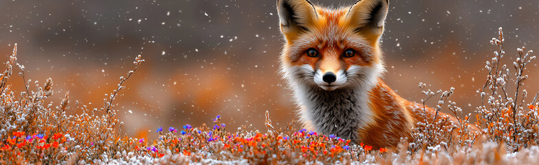 Fototapeta premium playful fox peeking out from a patch of colorful wildflowers, curious expression, meadow scene