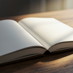 Open Book on Wooden Table Blank Pages, Sunlight