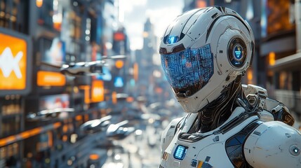 Fototapeta premium Futuristic robot in a bustling cityscape with flying vehicles and neon lights